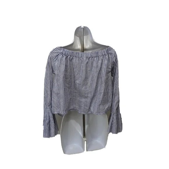 Free People Striped Blue Off Shoulder Blouse Bell Sleeve XS - Picture 12 of 14
